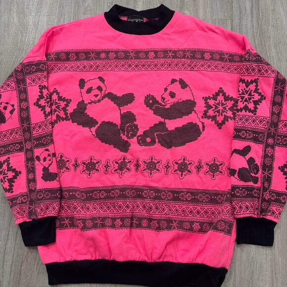 Vintage Panda Bear Sweatshirt Women's Medium Pink Geometric Animals 90s USA - Picture 2 of 7